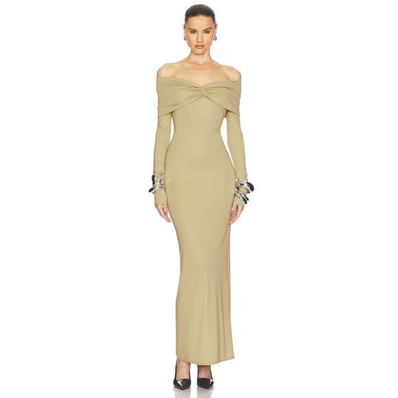 Helsa Matte Jersey Off Shoulder Maxi Dress Medium M Elm NEW - Picture 1 of 9